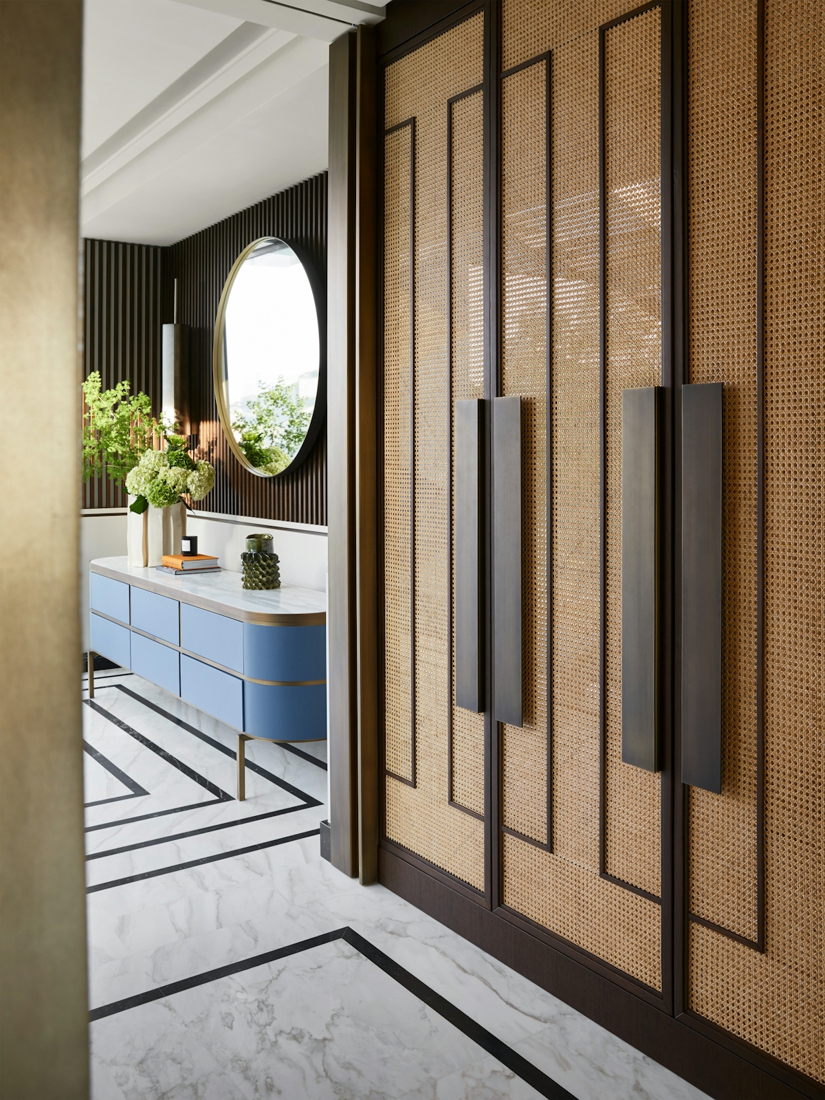 Humbert & Poyet Villa Odaya Mid-century Modern style rattan wardrobe and blue sideboard