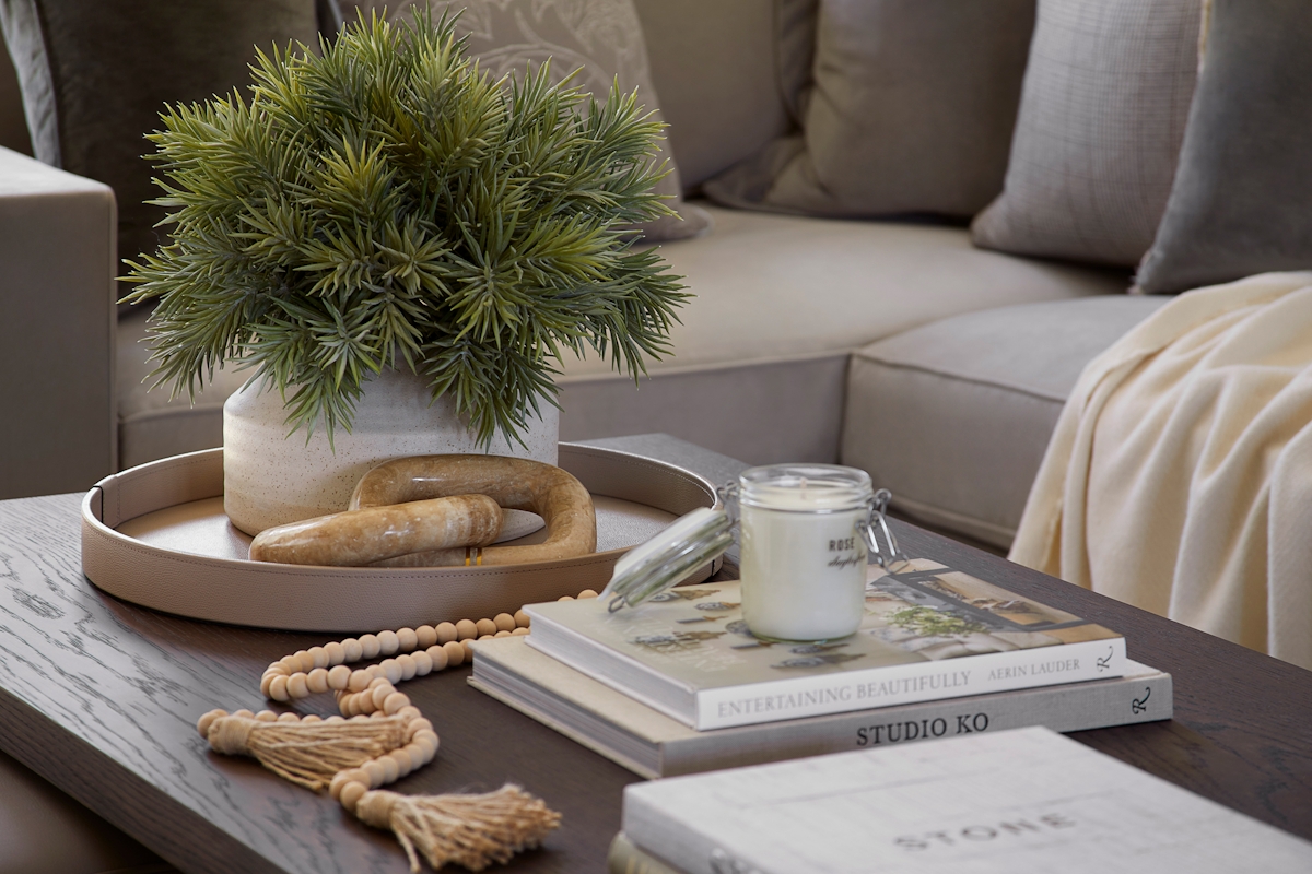 LuxDeco Adelaide Wrap coffee table with Gea Large Round tray by Pinetti, small plant and coffee table books